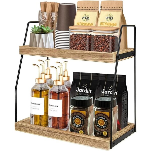 CARLA HOME 2-Tier Wooden Coffee Station Rack Organizer for Coffee Bar, Condiments, Syrups, Storage Jars & Spice Storage Shelf
