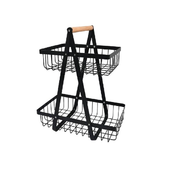 CARLA HOME 2-Tier Fruit Basket Stand for Kitchen Countertop for Fruits, Vegetables, Bread & Snacks with Wooden Handle