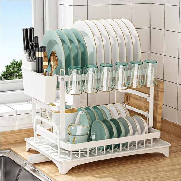 CARLA HOME 2-Tier Dish Drying Rack with Drainage Tray, Utensil Holder, Cup Hooks & Cutting Board Slot for Countertop Kitchen Storage (White)