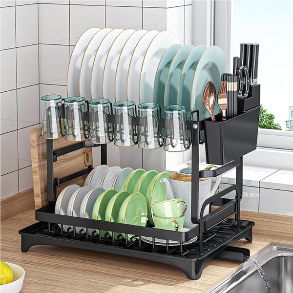CARLA HOME 2-Tier Dish Drying Rack with Drainage Tray, Utensil Holder, Cup Hooks & Cutting Board Slot for Countertop Kitchen Storage (Black)