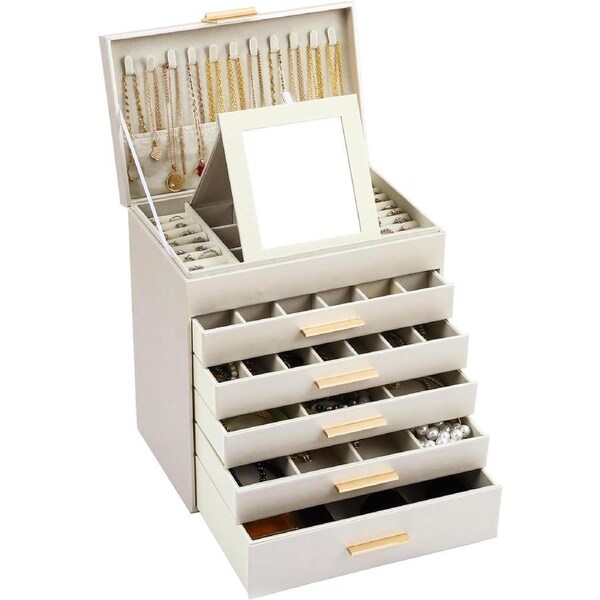 CARLA HOME 6-Layer Large Jewelry Organizer Box for Women with Mirror, Drawers, Hooks & Dividers for Rings, Necklaces, Bracelets, Ideal Gift for Women (White)