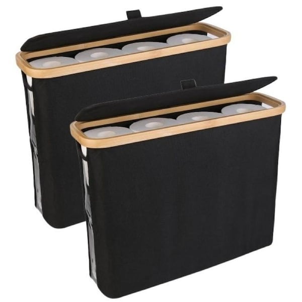 CARLA HOME 2 pack Toilet Paper Storage Basket Holds Up to 12 Rolls with Bamboo Lid and Handle for RV Closet (Black)