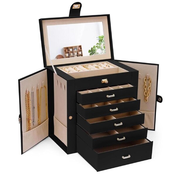 CARLA HOME 6-Layer Large Jewelry Box for Women withDrawers, Mirror, Lock, Necklace Hooks & Side Compartments for Rings, Earrings, Bracelets, Gifts (Black)