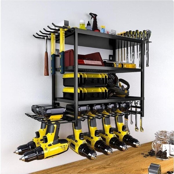 CARLA HOME 4-Tier Power Tool Rack Organizer Wall Mount with Drill Holder & Wrench Hooks for Cordless Tools & Workshop Organization