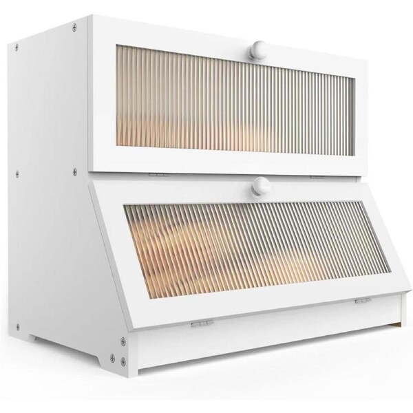 CARLA HOME Double Layer Bamboo Bread Box for Kitchen Counter - Large Capacity Bread Storage Container with Clear Window, Easy Assembly, Farmhouse Style Bread Holder (White)