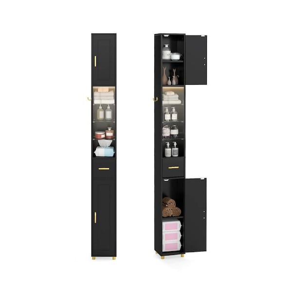 Giantex 181cm Tall Bathroom Cabinet Narrow Storage Organizer w/3-color Light Strip Slim Sideboard Black