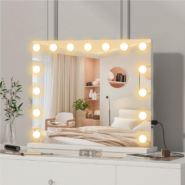 Advwin 58*46cm Hollywood Lights Vanity Makeup Mirror with Charging Station White