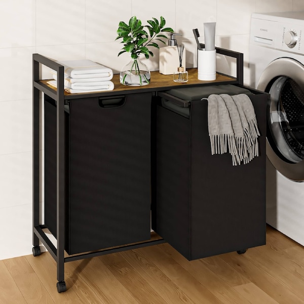 Advwin Laundry Hamper Dirty Clothes Basket Organizer with Dual Compartments Removable Bags Laundry Sorter 2x45L Black & Brown