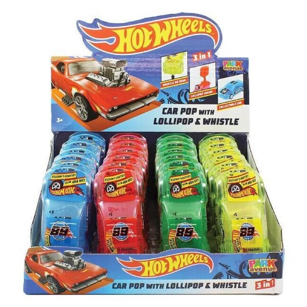 24PK Hot Wheels 3-in-1 Car Pop w/ Lollipop & Whistle Lollies Assort 10g