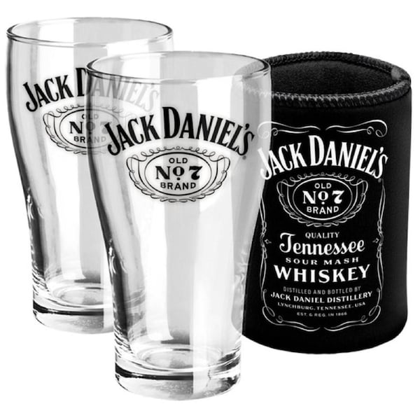Jack Daniels Whiskey Schooner Glasses and Neoprene Can Cooler