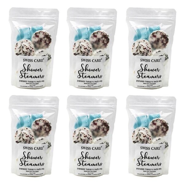 6PK SwissCare Shower Steamers Infused Variety Pack w/ Mesh Bag 140g Assorted
