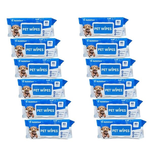 12x 80pc SwissCare Disposable Pet Cleaning Wipes 20x20cm Aloe Vera Scented
