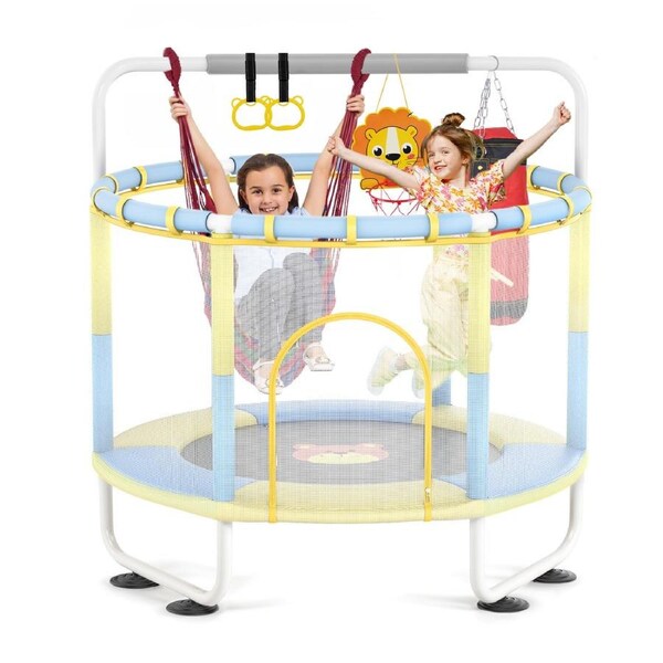 Advwin 55" Trampoline for Kids, Mini Toddler Trampoline Indoor & Outdoor for Birthday Boys and Girls with Basketball Hoop, Swings, Sandbags, Rings