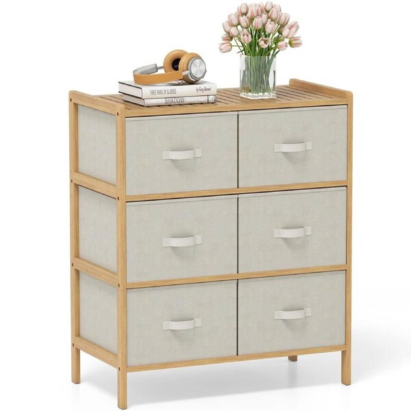 Costway 3-Tier Storage Cabinet w/2 Fabric Drawers Bamboo Frame