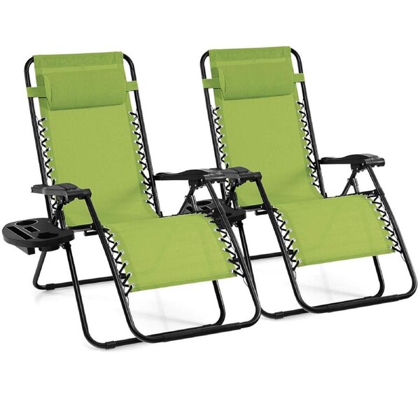Costway 2PCS Folding Zero Gravity Chair Adjustable Sun Lounge Recliner Patio Reclining Outdoor Camping w/Tray Green
