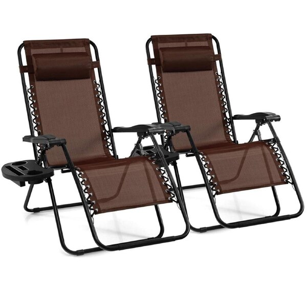 Costway 2PCS Folding Zero Gravity Chair Adjustable Sun Lounge Recliner Patio Reclining Outdoor Camping w/Tray Brown