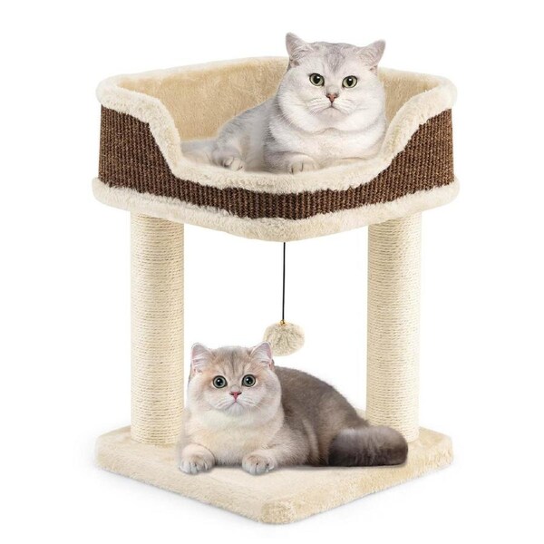 Costway 2-Tier Cat Tree Small Cat Tower w/2 Sisal Scratching Posts Plush Top Perch Dangling Ball Beige