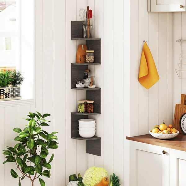 Costway 5-Tier Corner Shelf Floating Bookshelf Wall Mounted Storage Rack Living Room Bedroom & Kitchen Grey