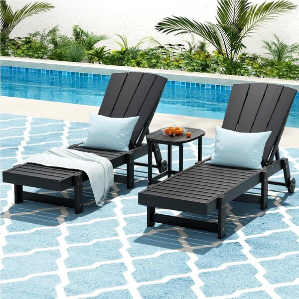 Gardeon 3PC Sun Lounge Lounger Table and Chairs Beach Adirondack HDPE Patio Furniture Wheels Black