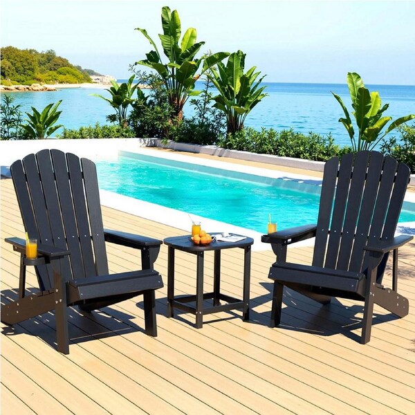 Gardeon 3PC Patio Furniture Outdoor Table and Chairs HDPE Adirondack Beach Chair Sun Lounge Black