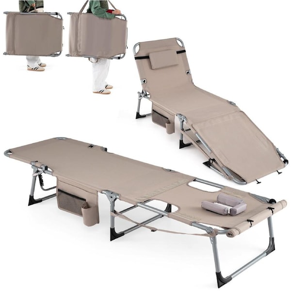 Costway Outdoor Folding Lounge Chair Portable Recliner w/Adjustable Backrest Removable Pillow Beach Backyard Beige