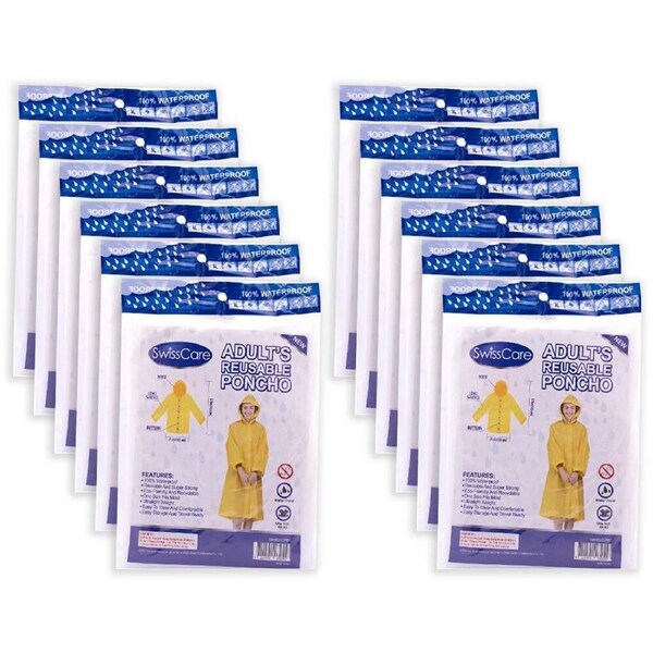 12PK SwissCare Reusable Windproof Hooded Rain Coat Jacket Adult's Yellow
