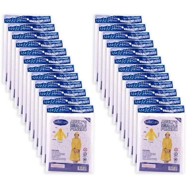 24PK SwissCare Reusable Windproof Hooded Rain Coat Jacket Adult's Yellow