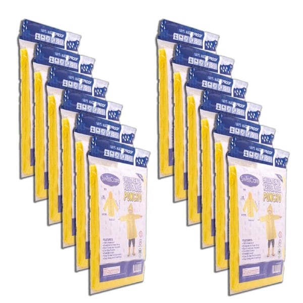 12PK SwissCare Reusable Kids Waterproof Rain Coat Jacket Yellow Assorted
