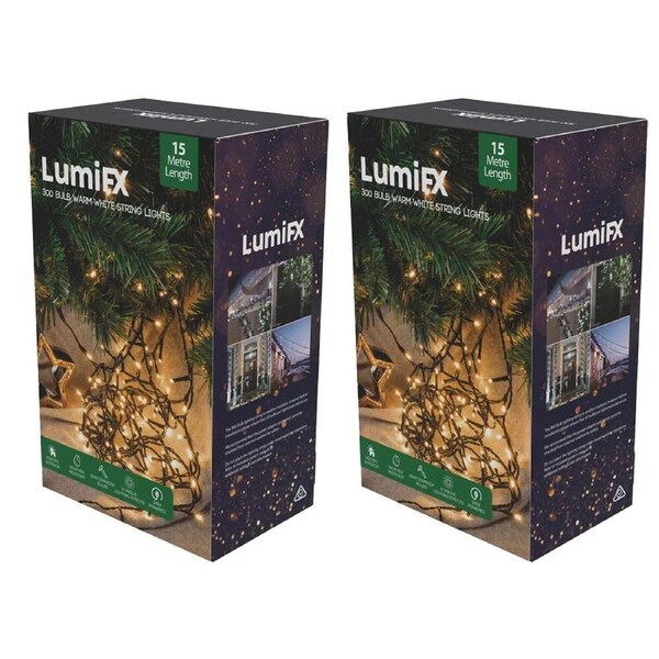 2PK LumiFX 300 Bulb LED Powered String Lights Indoor/Outdoor 15m Warm White
