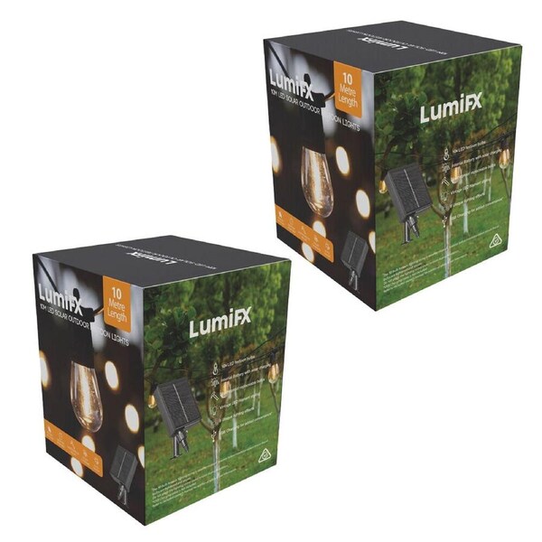 2PK LumiFX 10 Bulb Solar Powered Outdoor Festoon Lights 10m Warm White