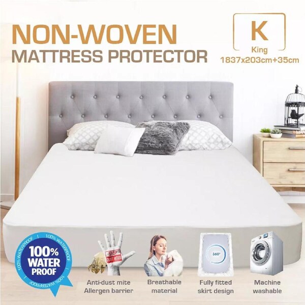 KING Size Fitted Waterproof Mattress Protector - King Bed Matress Non-Woven Spill Stain Protection - Fitted Skirt - Fully Waterproof