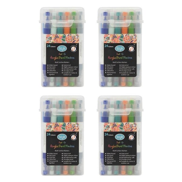 4PK 24PK Boyle Dual Tip Acrylic Markers Colour Set w/Storage Case Non-Toxic 3y+