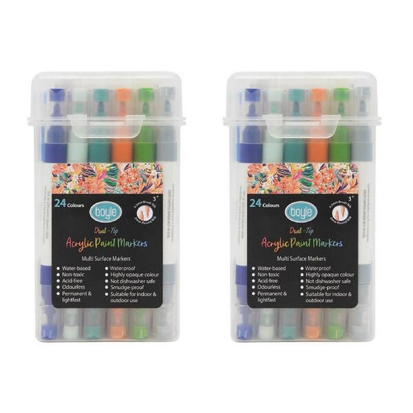2PK 24PK Boyle Dual Tip Acrylic Markers Colour Set w/Storage Case Non-Toxic 3y+
