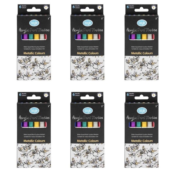 6PK 6PK Boyle Acrylic Markers - Metallic Colour Set Non-Toxic/Water Based 3y+