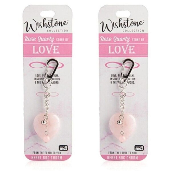 2PK Wishstone Rose Quartz Stone Heart Bag Charm Women's Carabiner 4x10x1cm