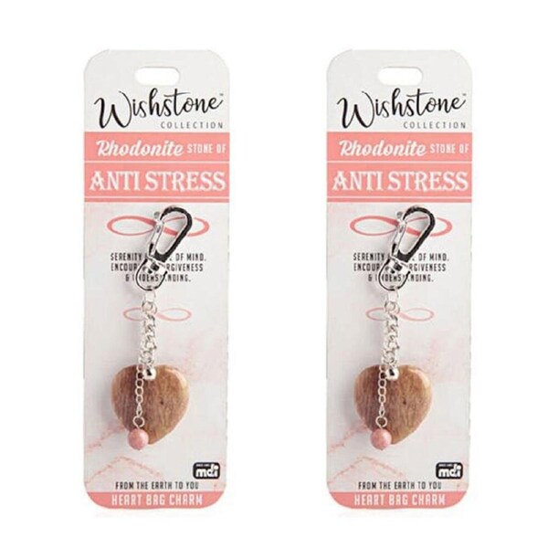 2PK Wishstone Rhodonite Stone Heart Bag Charm Women's Carabiner 4x10x1cm