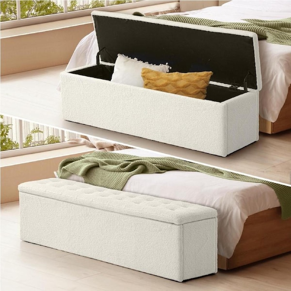 Oikiture Storage Ottoman Blanket Box Linen/Faux Leather Toy Foot Stool L/XL White Sherpa 140 cm