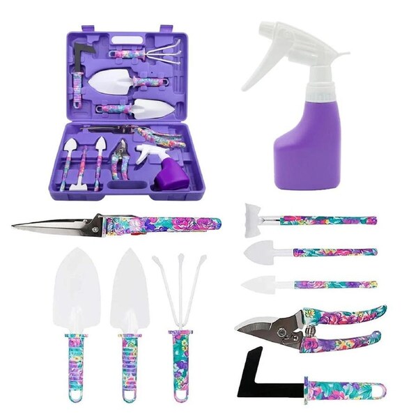 P&P 10PC Garden Tool Set with Shovel Rake and Purple Handles