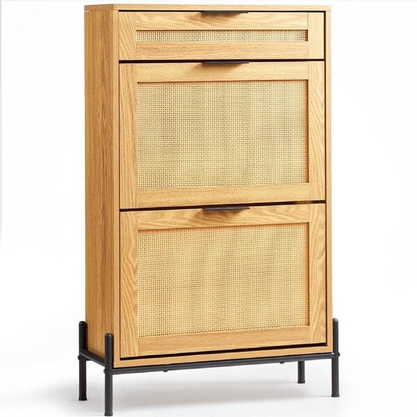 P&P Rattan Shoe Cabinet with 2 Flip Drawers and 1 Slide Drawer