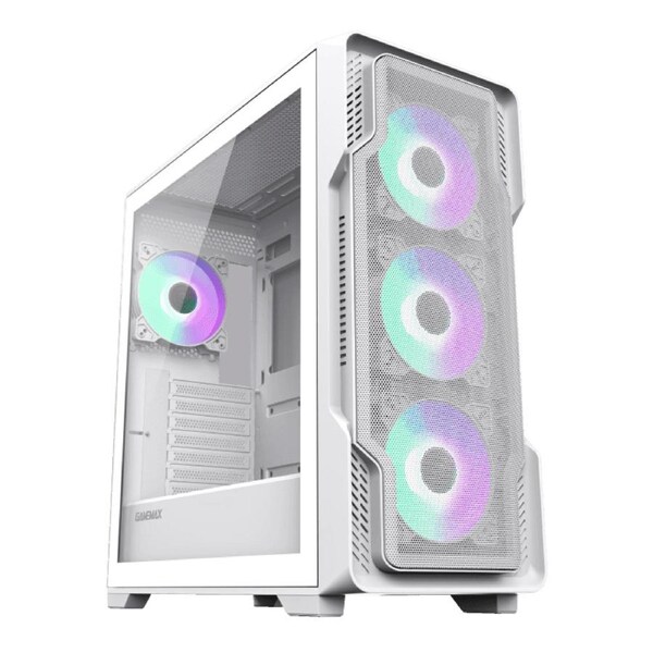 GameMax Siege E-ATX Mid Tower Gaming Case - Black, 4x Pre-installed ARGB Fans, Tempered Glass Side Panel, High Airflow Mesh Front - White