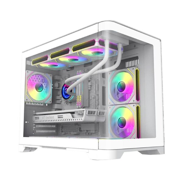 GameMax Hype-M White M-ATX Case - Panoramic Tempered Glass, Pillarless Fish Tank Design, 3x ARGB Fans, Dual Chamber Gaming PC Chassis