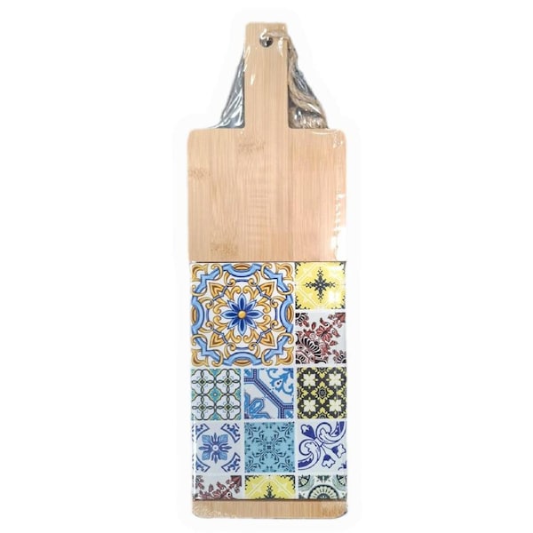 French Country Kitchen Wooden Serving Cheese Board with Half Tile Inlay