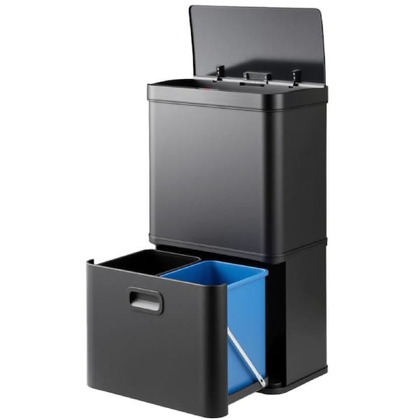 Costway 56L Stainless Steel Rubbish Bin Motion Sensor Trash Bin w/2 Removable Bins Soft Close Waste Sorting Black