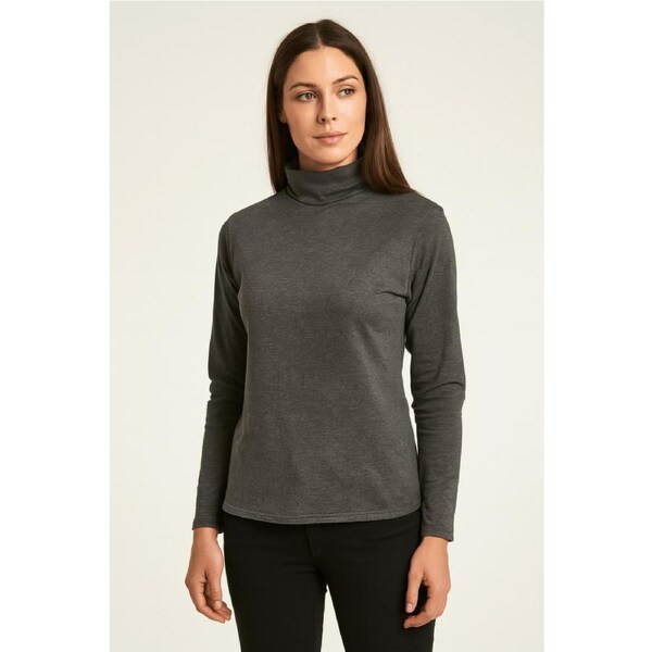 Ladies SKIVVY Womens Long Sleeve Plain Top Warm Turtleneck Cotton High Neck - Coal Marle - X-Small