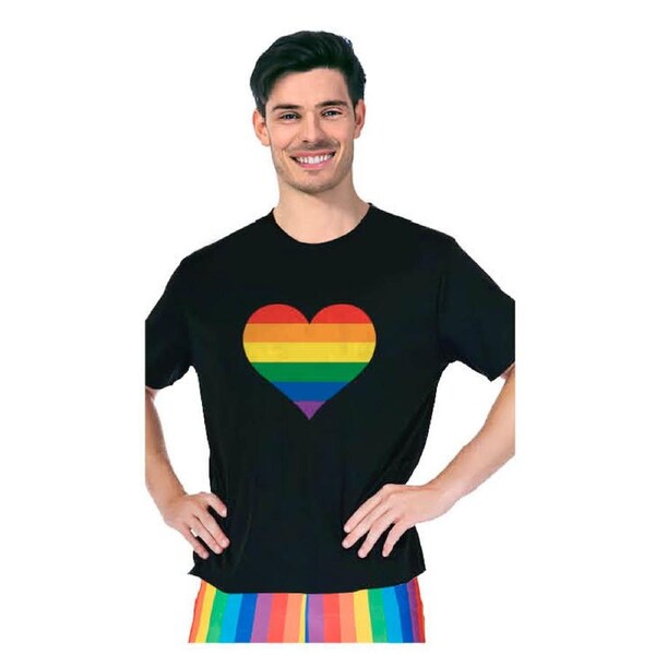 Adult Rainbow Flag T Shirt Top Tee Gay Pride LGBTQ Love Heart - Black - One Size
