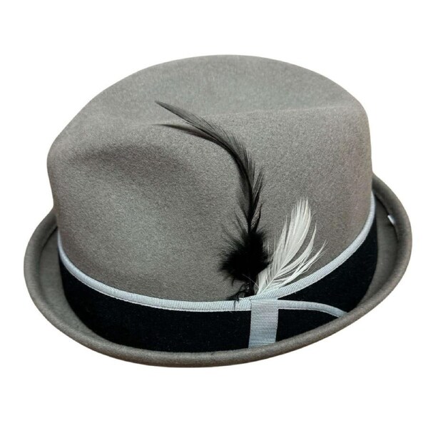 100% Wool Mens Stingy Gutter Brim Felt Hat with Petersham Trim in Grey M - Black/White Feathers