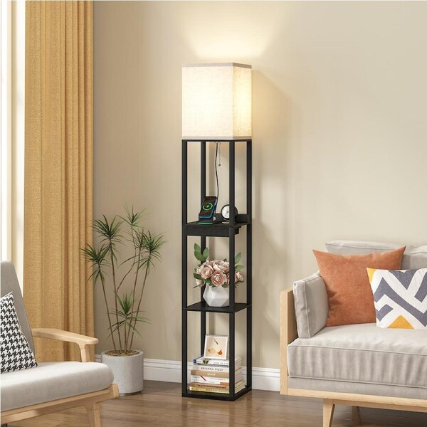 Advwin Floor Lamp Storage Shelf w/ USB & Type-C Port 3 Color LED Bulb Wood Display Standing Lamp 3 Tier Organizer Rack Reading Light Black