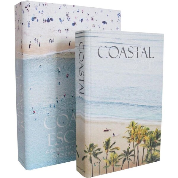 2pc LVD Wooden Canvas Book Box Medium Set 29x20x5.5cm /24x16x4cm Coastal Surf