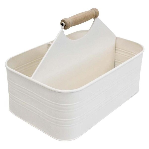 LVD Metal Caddy Storage Box w/ Wooden Handle 29.5x19x11cm Classic Ivory