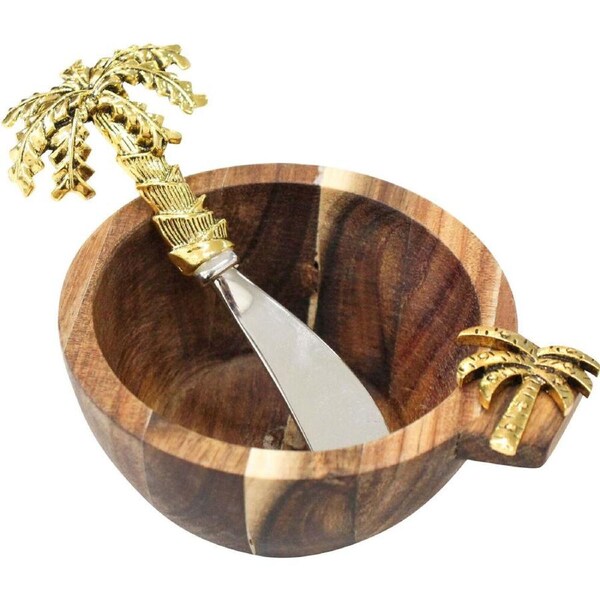 LVD Acacia Wood Bowl & Metal Spreader Serving Set 11.5x14x6cm Gold Palm